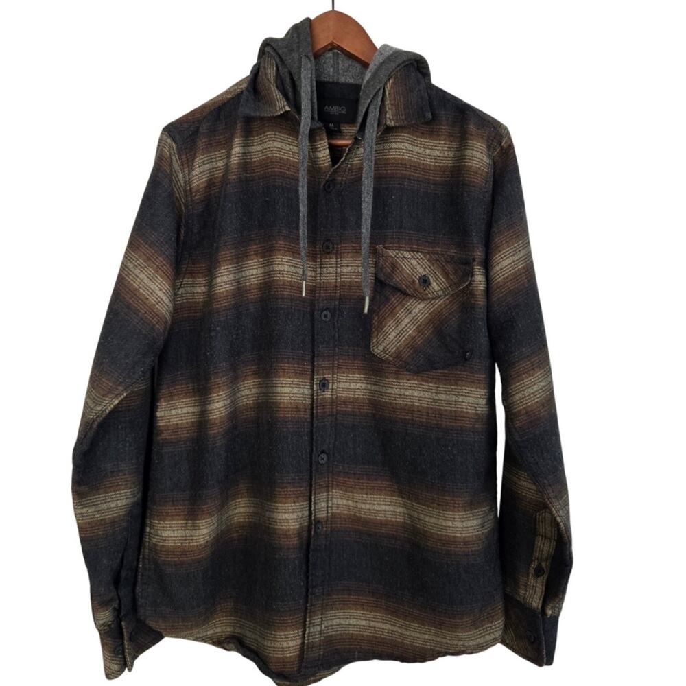Y2K Grunge Flannel Hoodie Shirt Gray Hood Brown & Black Striped Pattern Size M